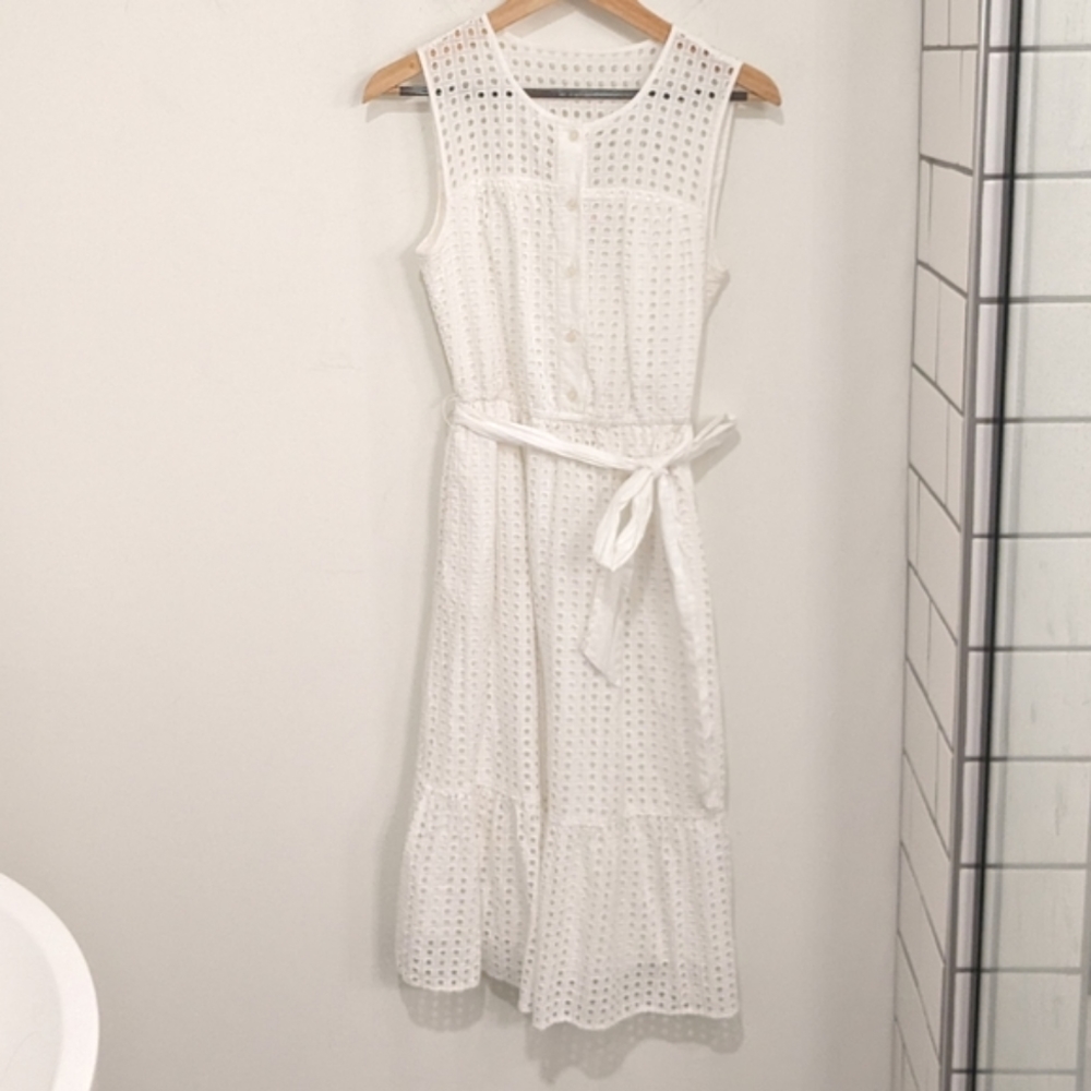 J. Crew White Eyelet Button Front Tie Waist Belted Midi Dress 4 Tall